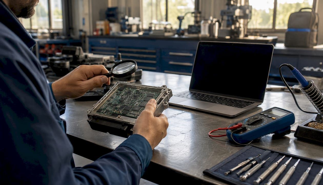 A technician inspecting an ECU circuit board on the bench with diagnostic equipment
