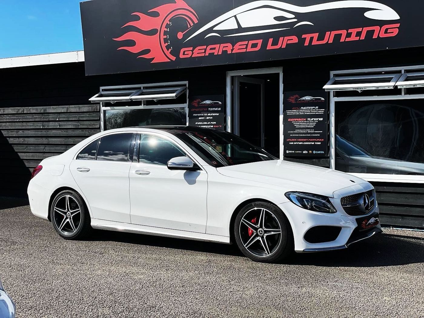 A Mercedes C-Class outside the Geared Up Tuning workshop in Stonham Aspal